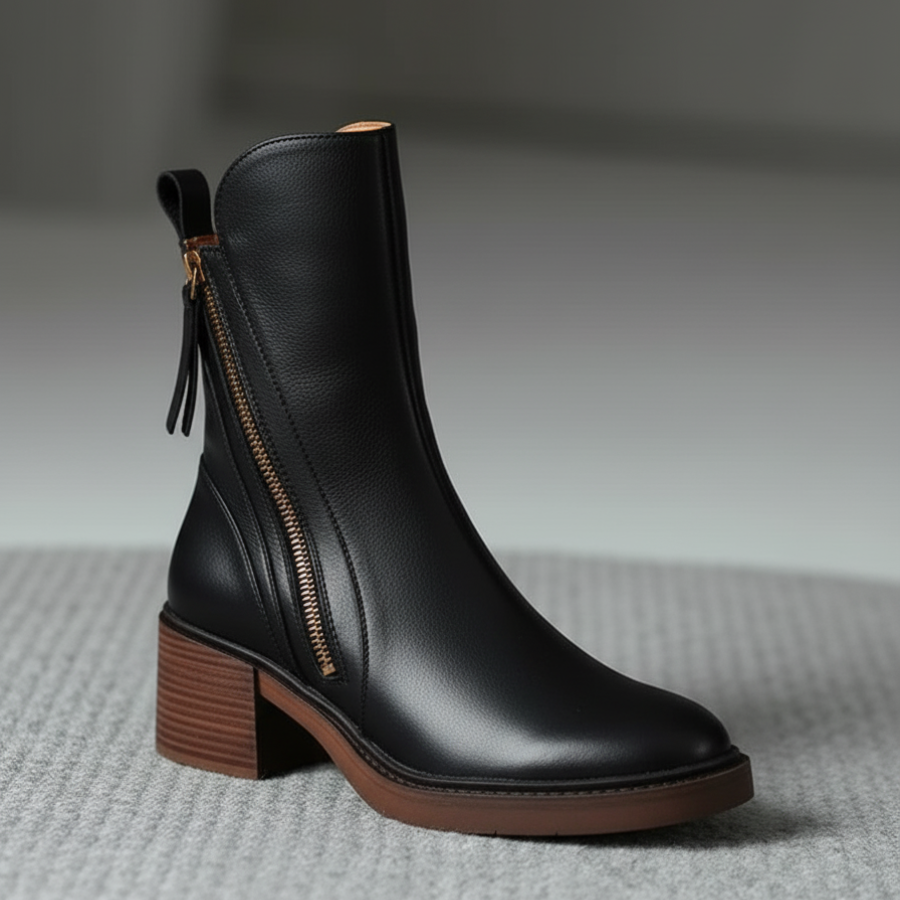 Valorine™ | Botte en cuir noire avec un talon confortable, élégante et intemporelle