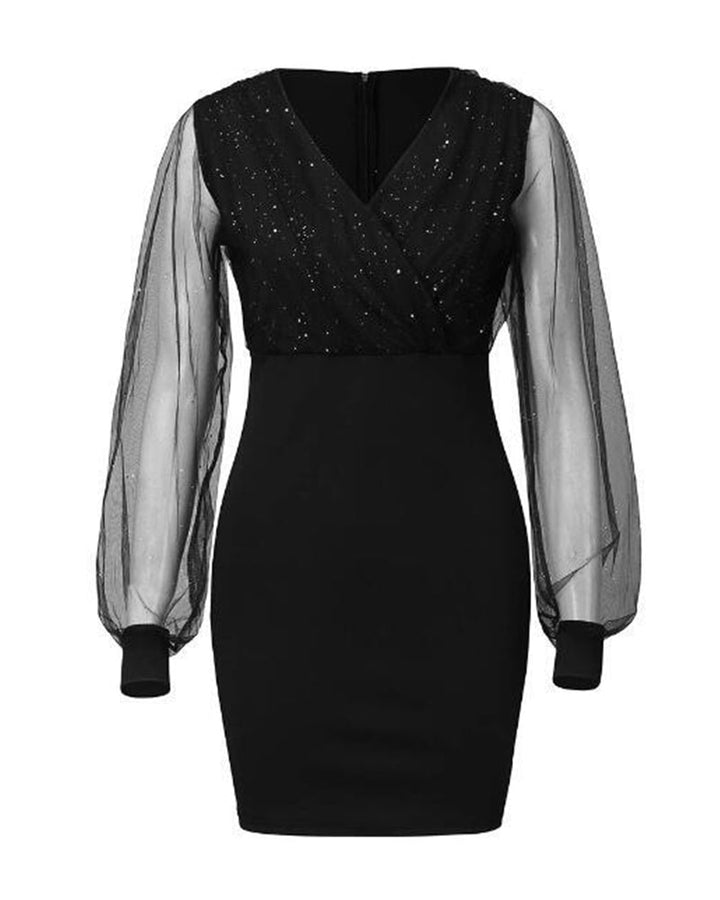 Adrienne | Robe Noire Élégante à Paillettes et Manches Transparentes