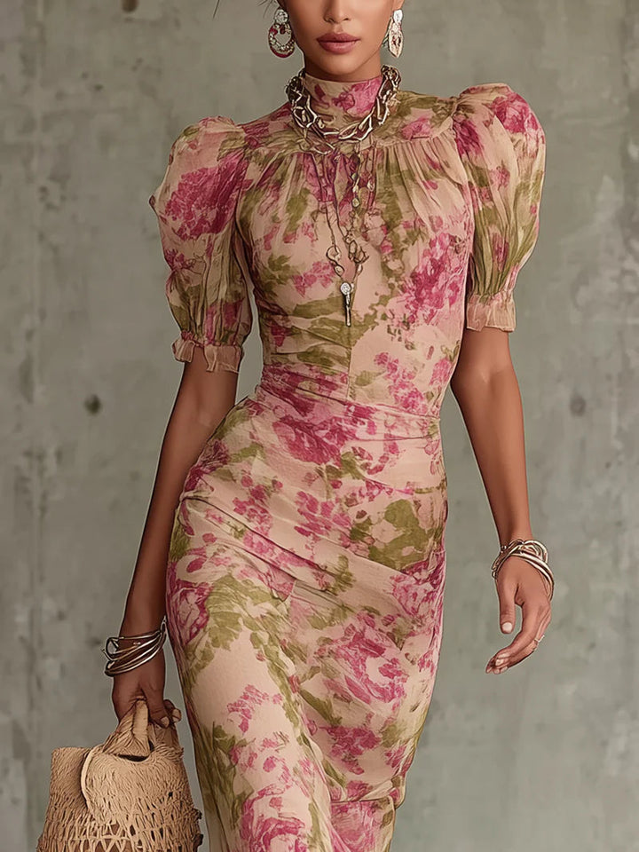 Mae | Robe Maxi avec Imprimé Rose Vintage et Manches Bouffantes