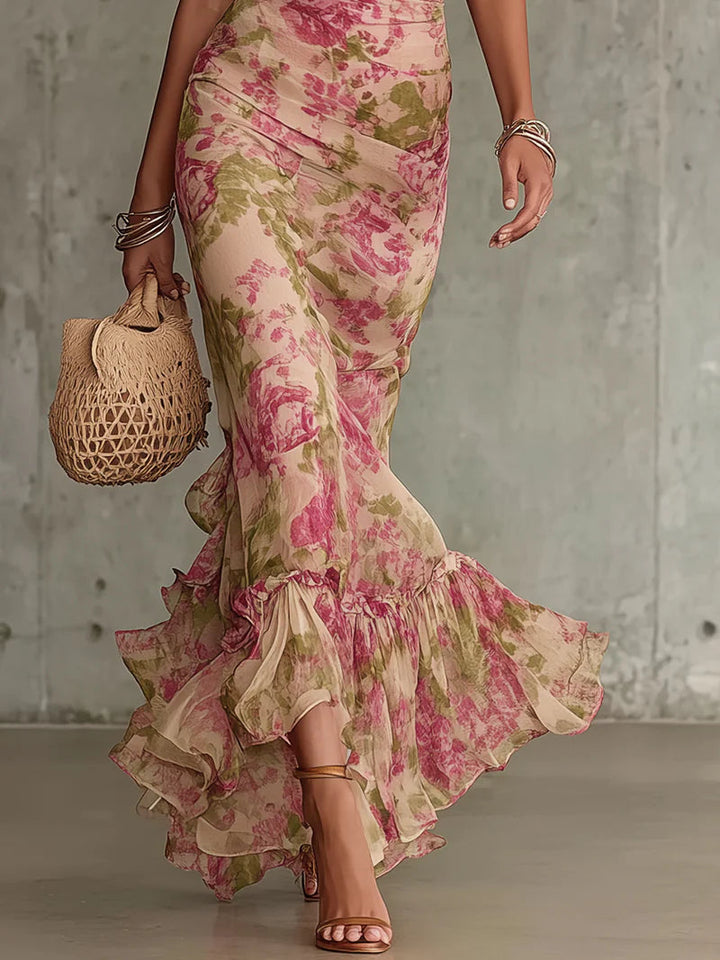 Mae | Robe Maxi avec Imprimé Rose Vintage et Manches Bouffantes