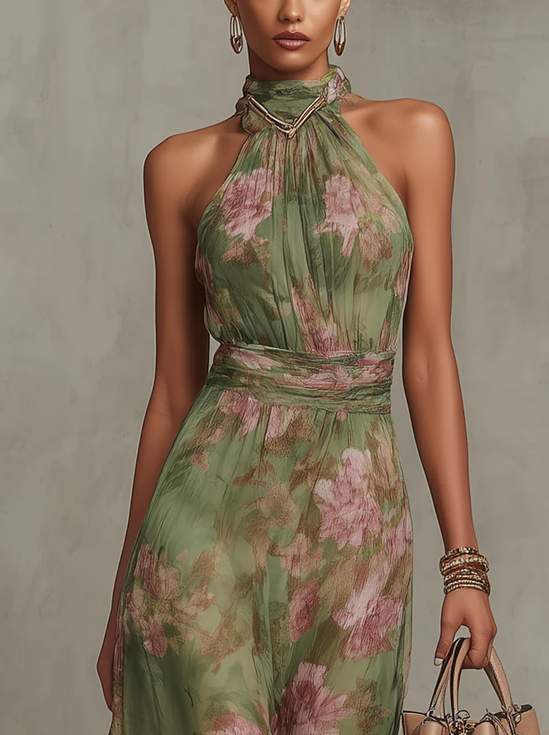 Firenze | Robe Maxi Chiffon Florale Verte à Dos Nu