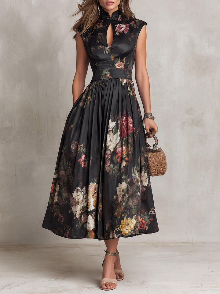 Patricia | Robe Midi Plissée en Satin Floral Noir