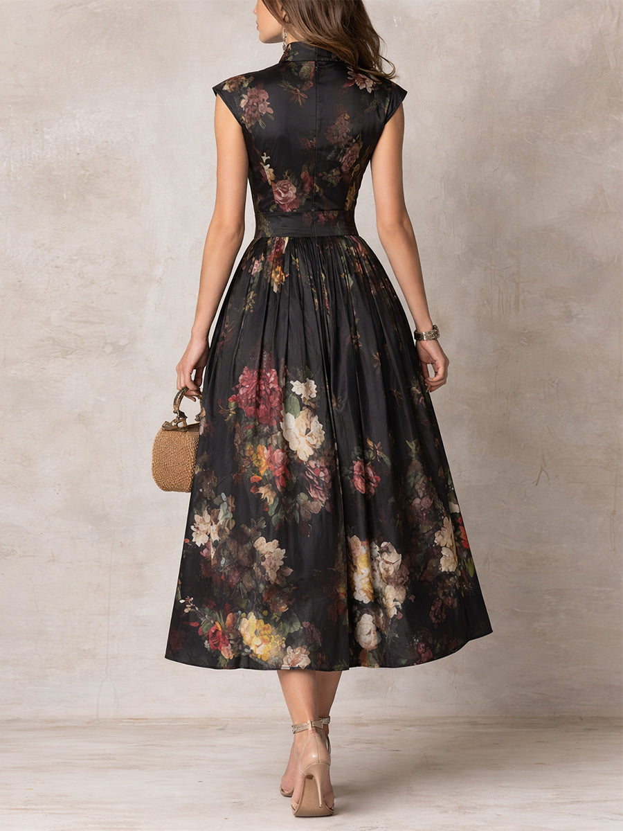 Patricia | Robe Midi Plissée en Satin Floral Noir