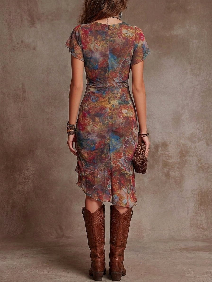 Judy | Robe Midi Plissée V-Cœur Abstraite Bohémienne