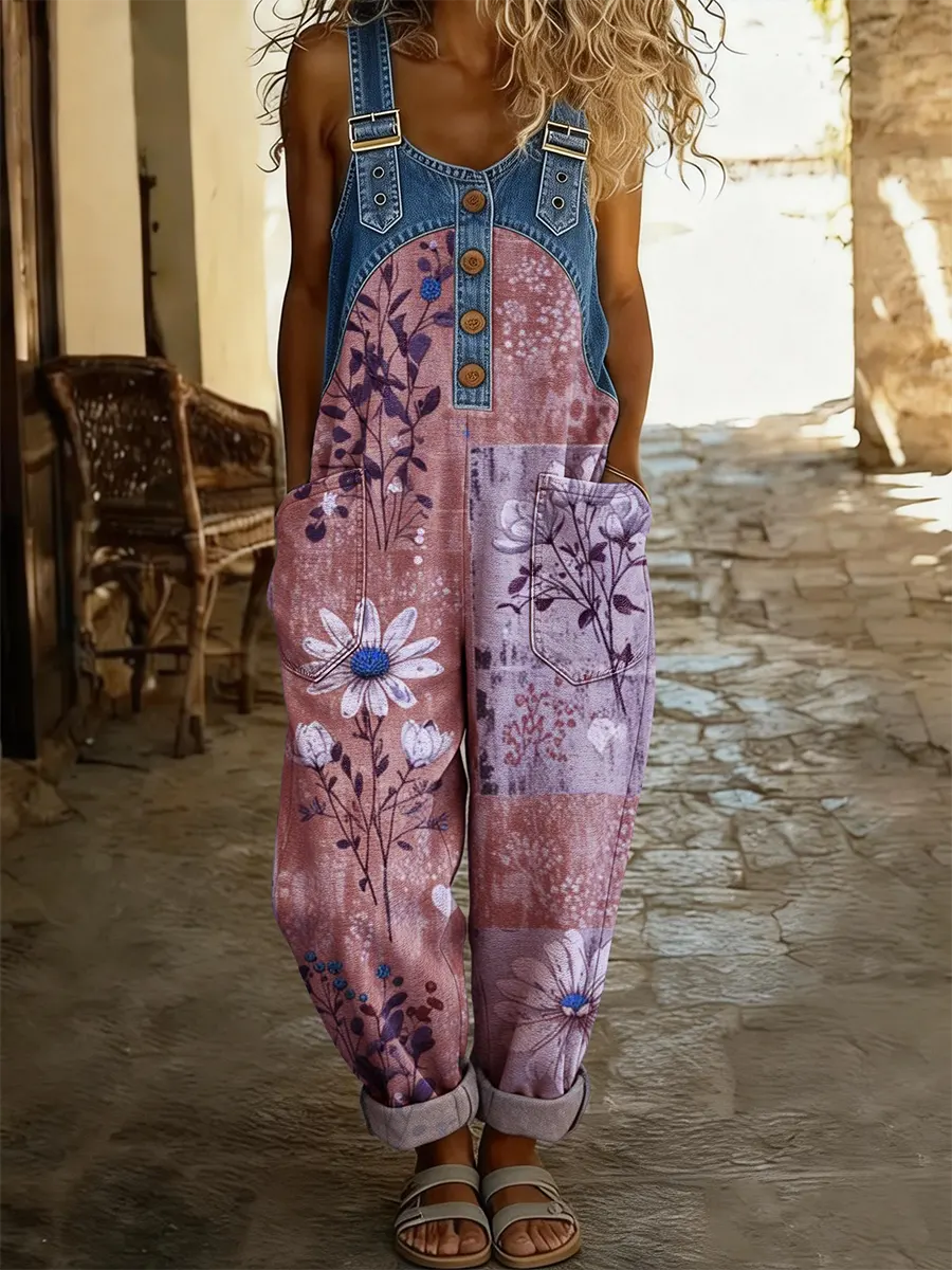 Maréa | Combinaison-pantalon en jean patchwork avec imprimé floral