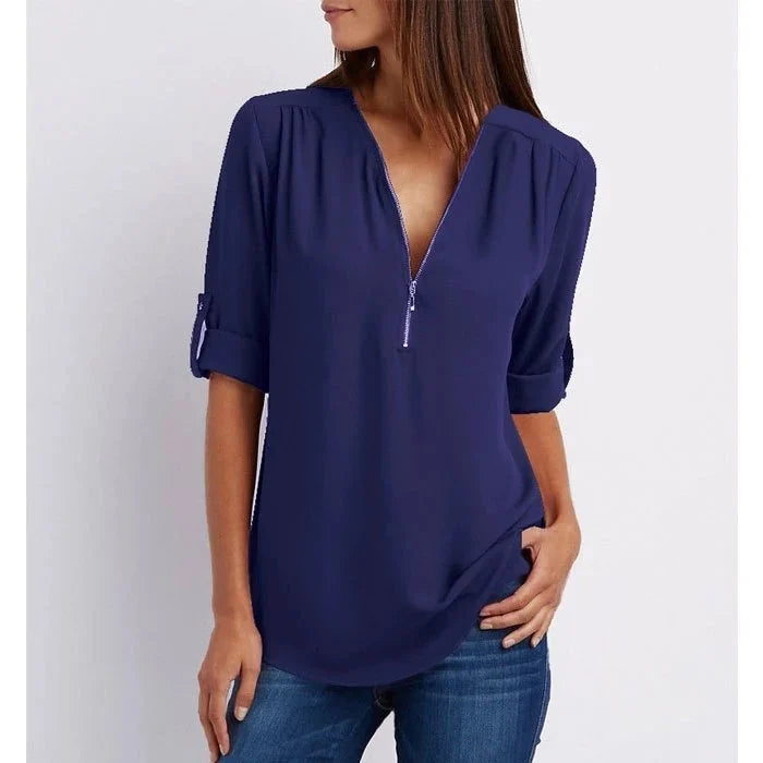 Lucas & Léa Paris| Plus Size Blouse à manches 3/4 en vrac avec fermeture éclair