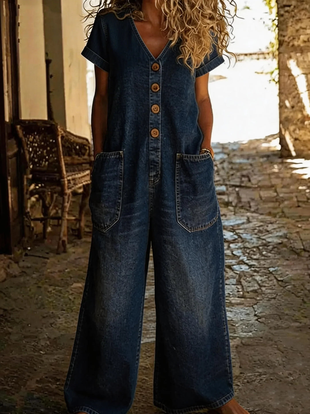 Denise | Combinaison-short en jean à col en V et manches courtes