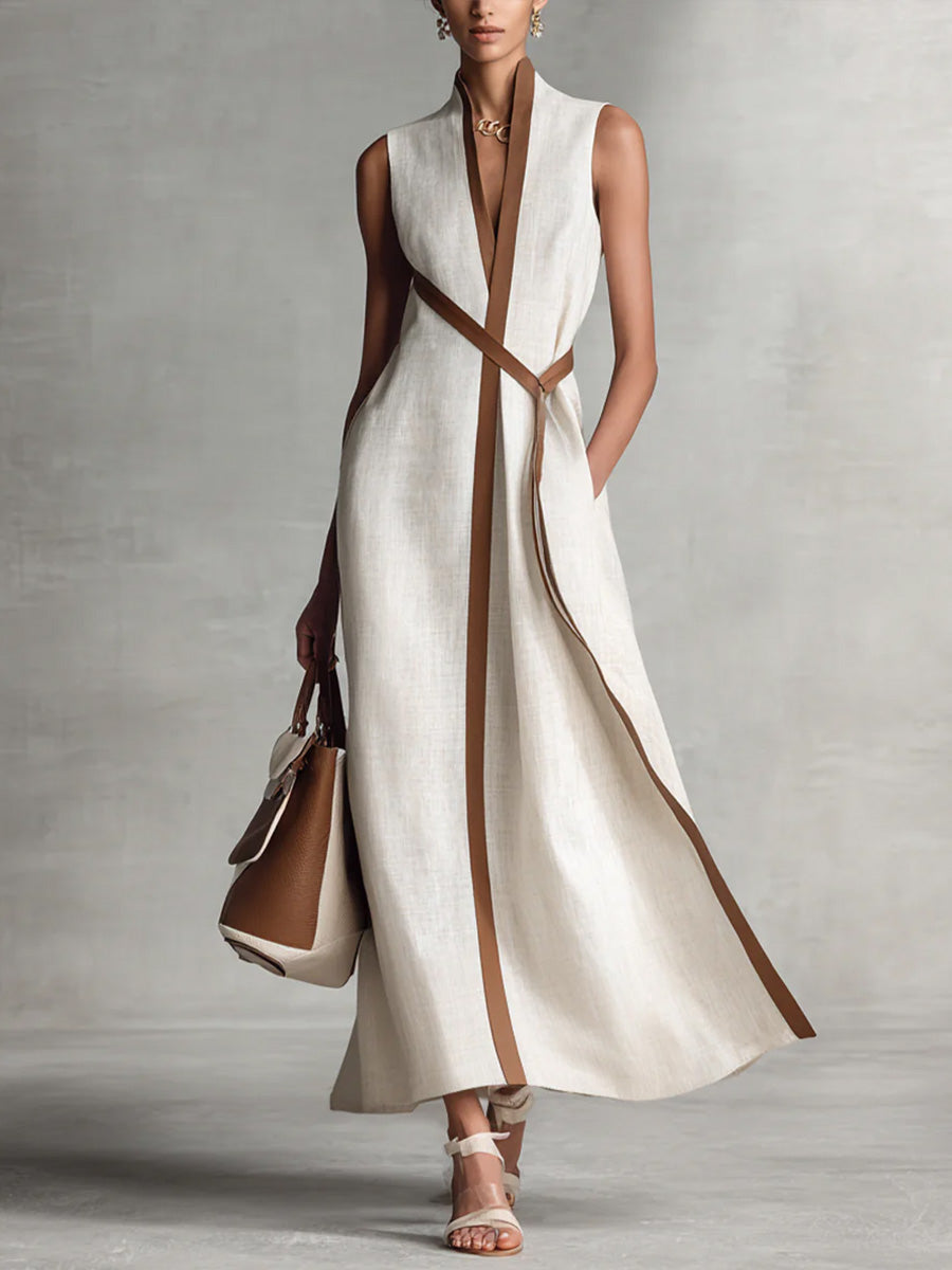 Bella | Robe Élégante en Coton et Lin Sans Manches à Col Montant