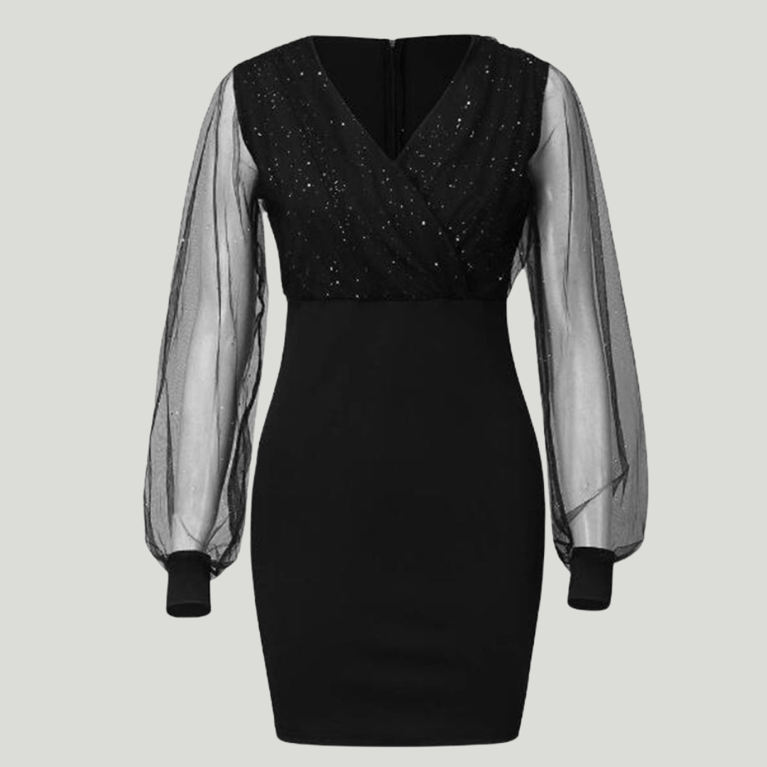 Adrienne | Robe Noire Élégante à Paillettes et Manches Transparentes