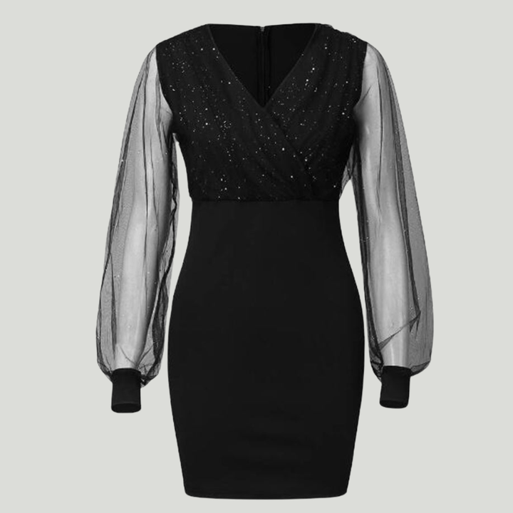 Adrienne | Robe Noire Élégante à Paillettes et Manches Transparentes