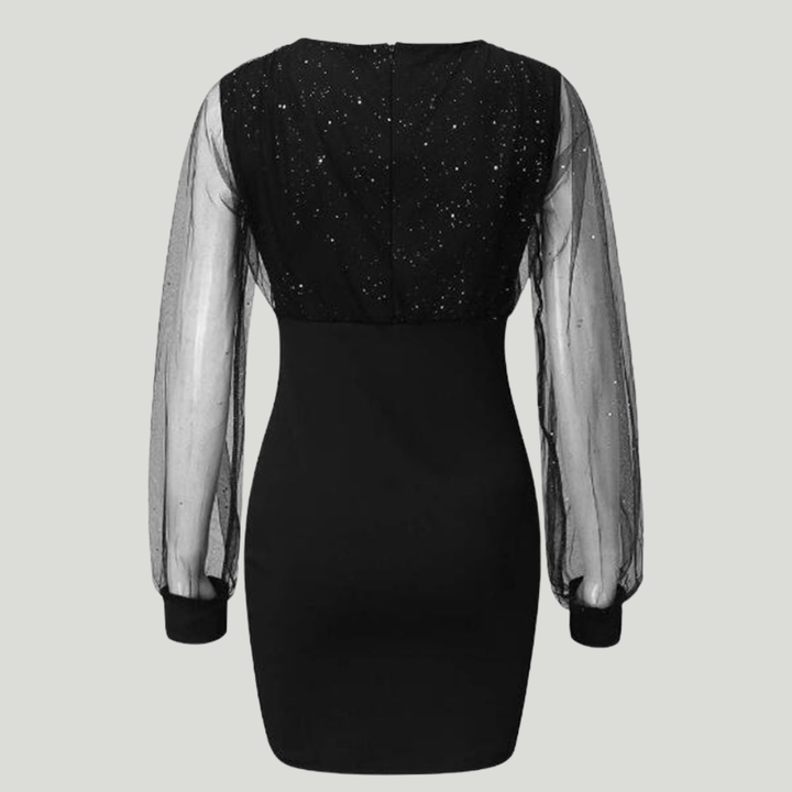 Adrienne | Robe Noire Élégante à Paillettes et Manches Transparentes